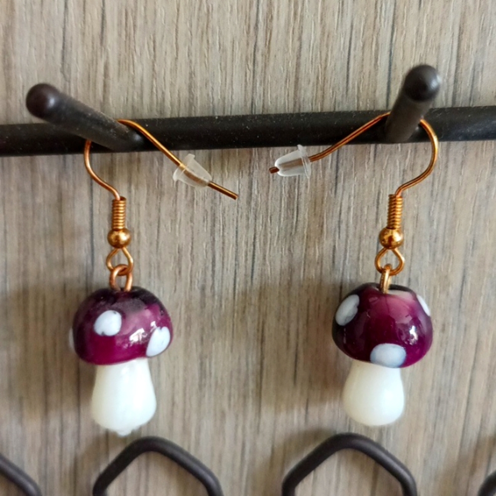 Cottagecore Purple and White Mushroom Earrings
